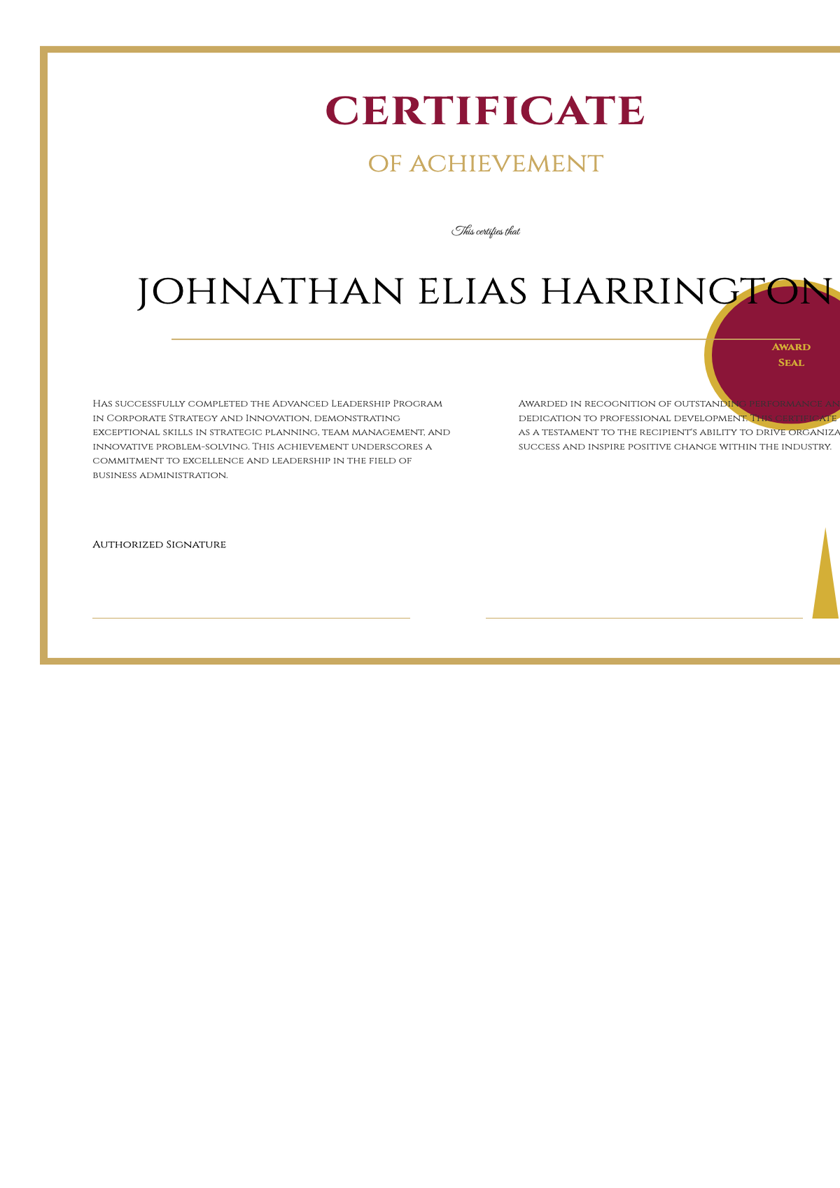 Elegant certificate of achievement with maroon gold accents and award seal_variant_3